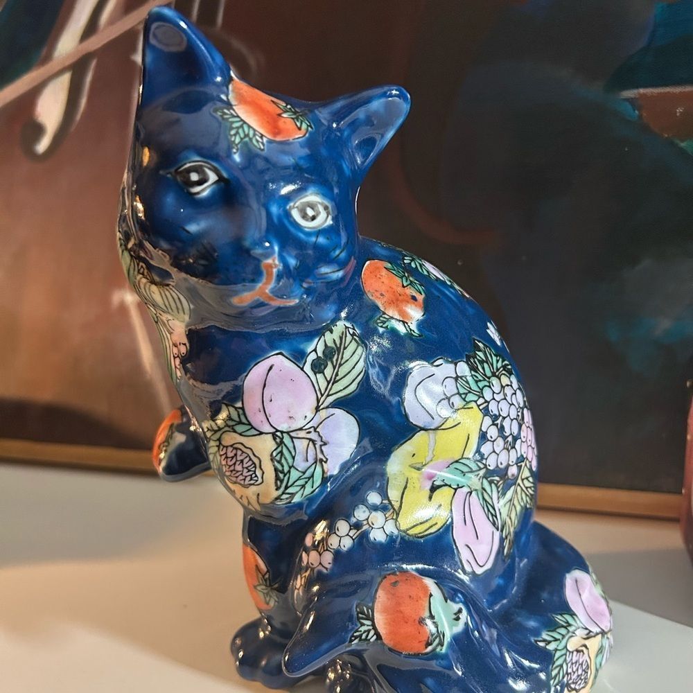 Vintage Blue Floral Cat Figurine Fruit Pattern Porcelain Ceramic 8” Asian